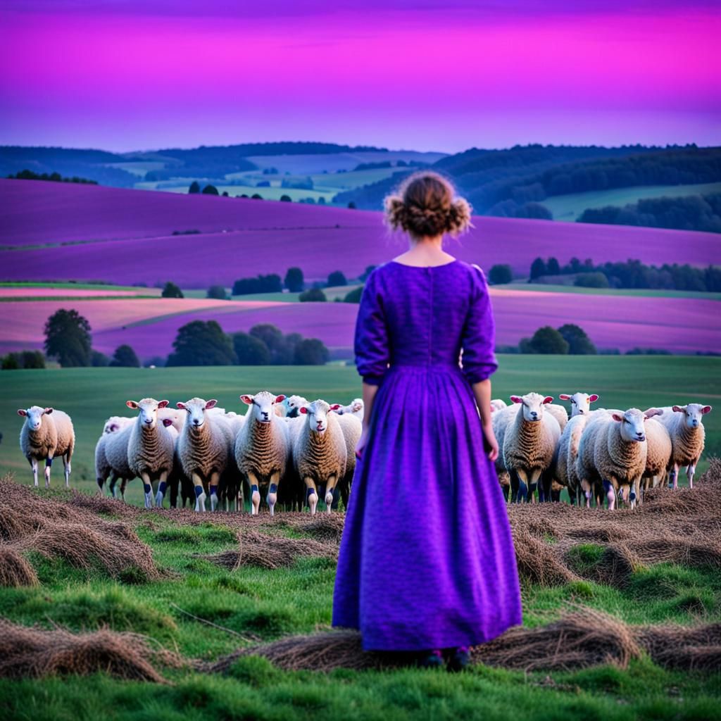 Woman with Sheep on Vibrant Farm, Expressive Painting