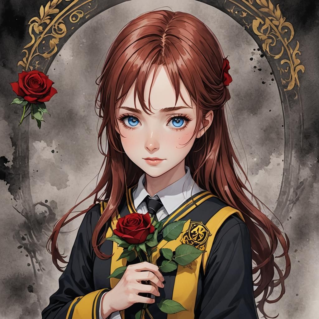 Hufflepuff Student with Rose in Anime Style