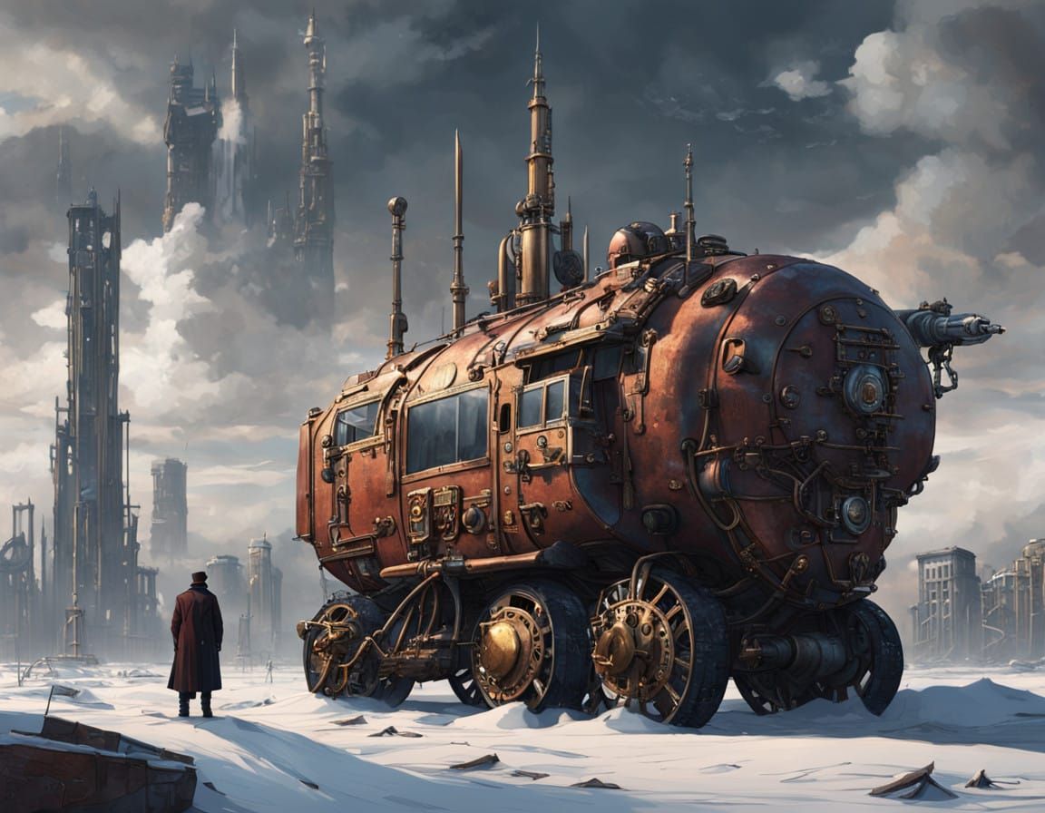 Steampunk Vehicle in Dystopian Siberian Cityscape