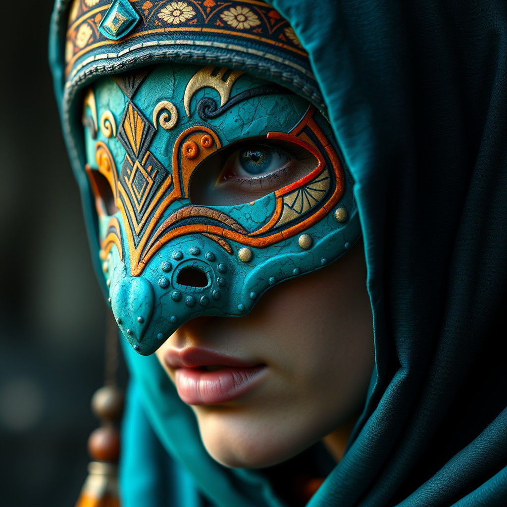 Mystical Woman with Turquoise Mask, Fantasy Concept Art
