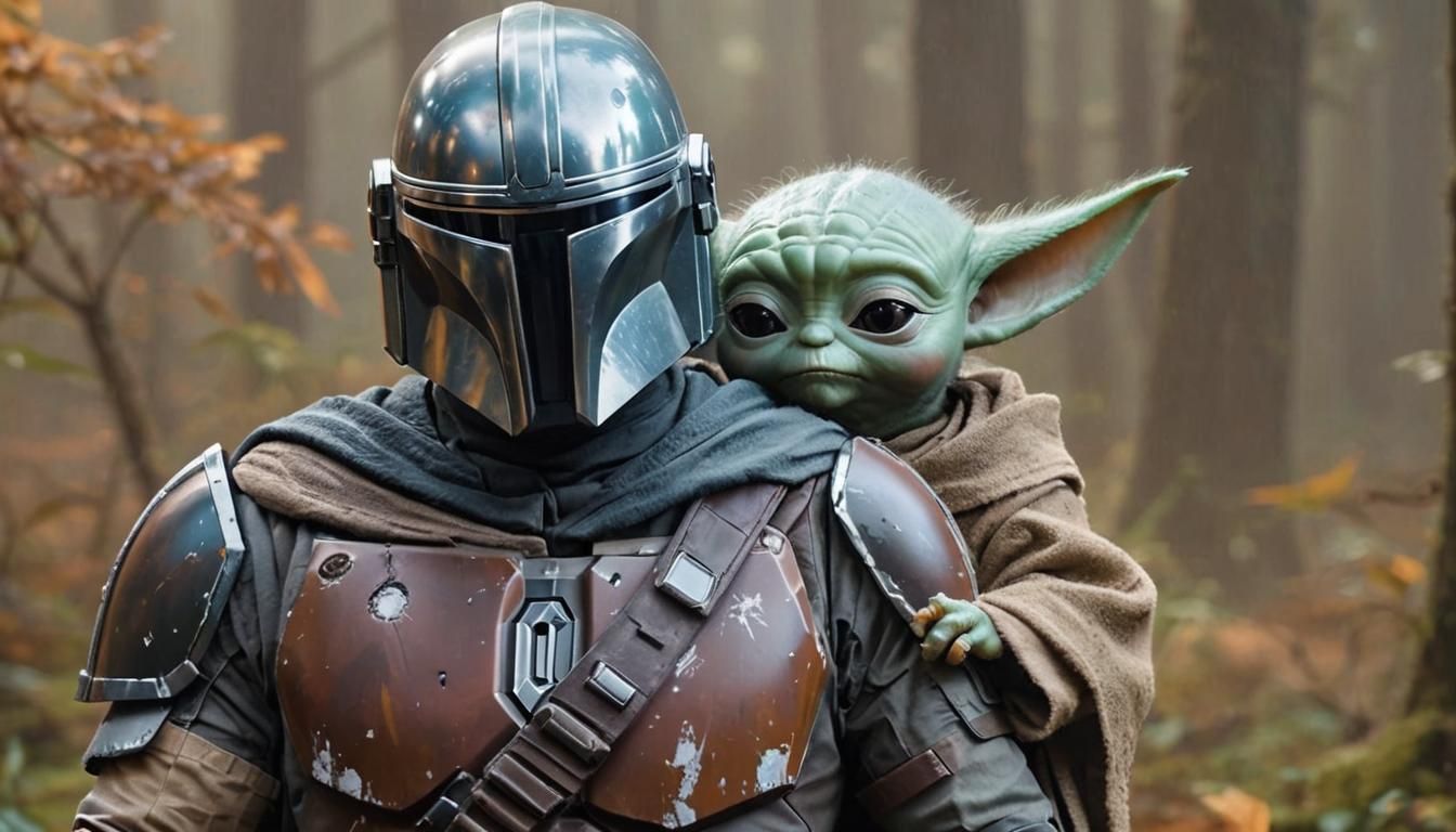 Mandalorian and Baby Yoda in Mystical Forest