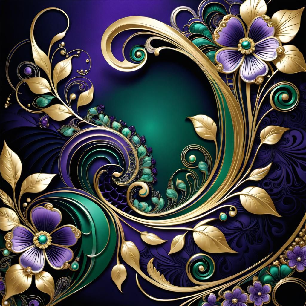 Purple Flowers with Gold Leaves in Art Deco Style