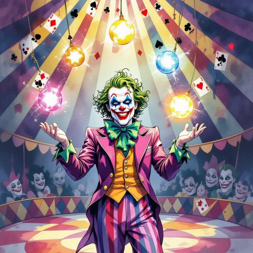 Joker as Flamboyant Jester Juggling Energy Orbs