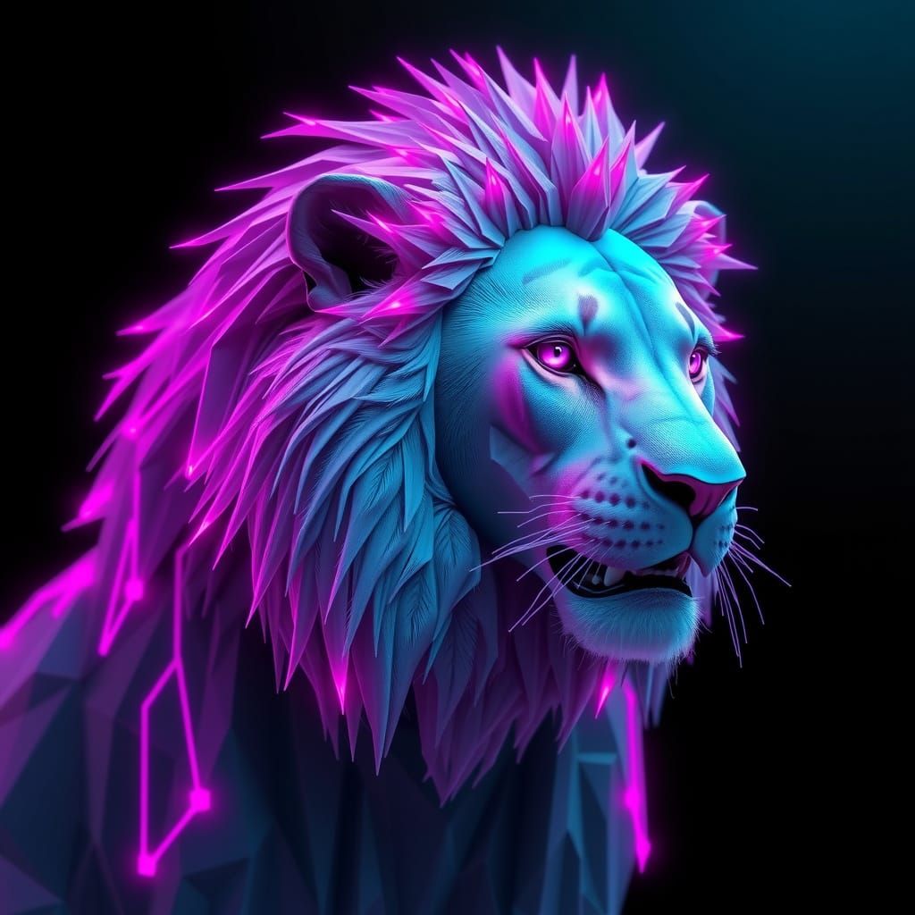 A futuristic lioness with polygonal, low-poly mane glowing with neon pink/blue circuit lines.