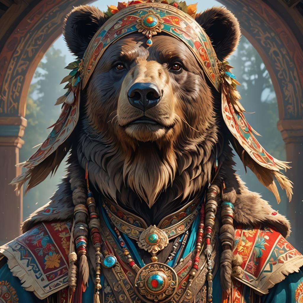 Bear in Bulgarian Folk Costume, Detailed Portrait