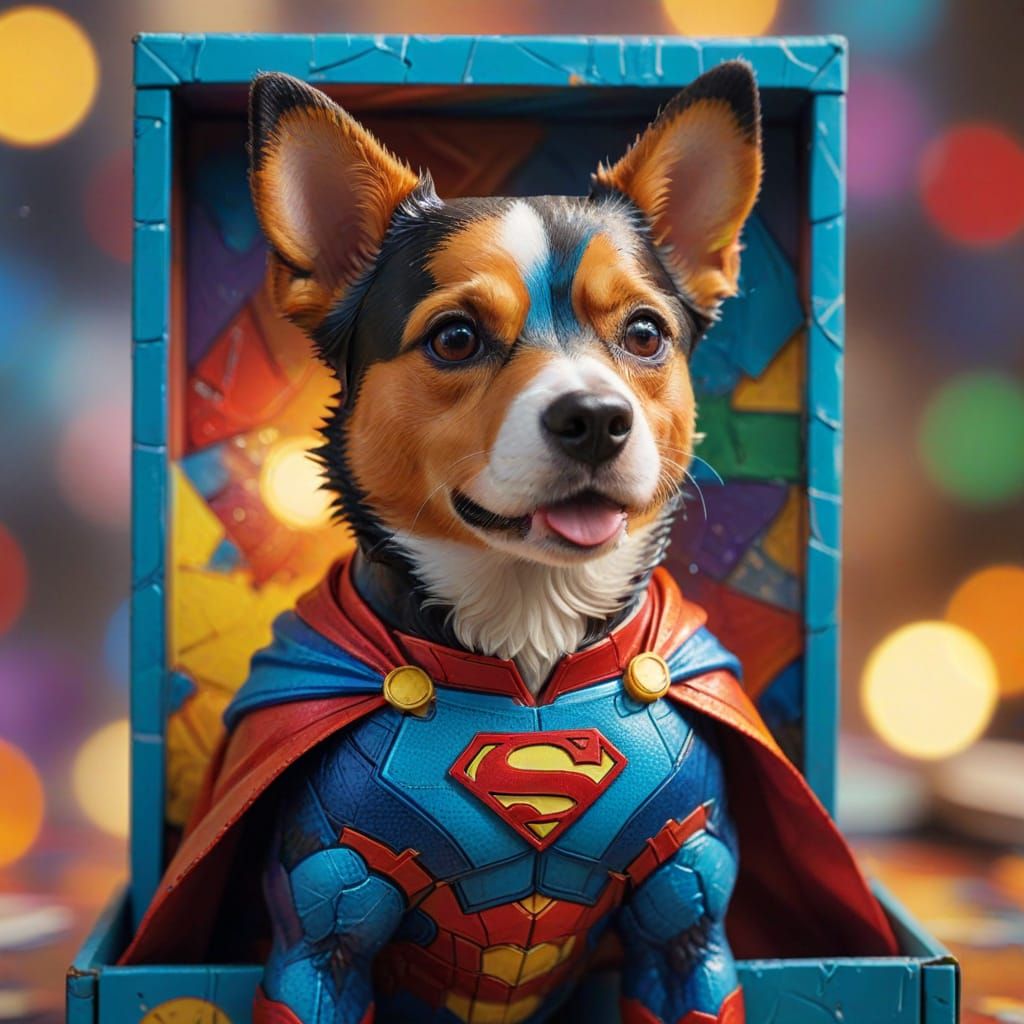 Cute Superhero Dog in a Colorful Comic Book Box
