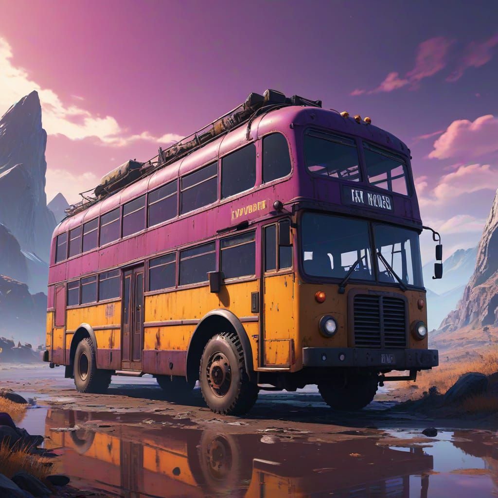 Cyberpunk Fortnite Battle Bus Soars Through a Dystopian Sky