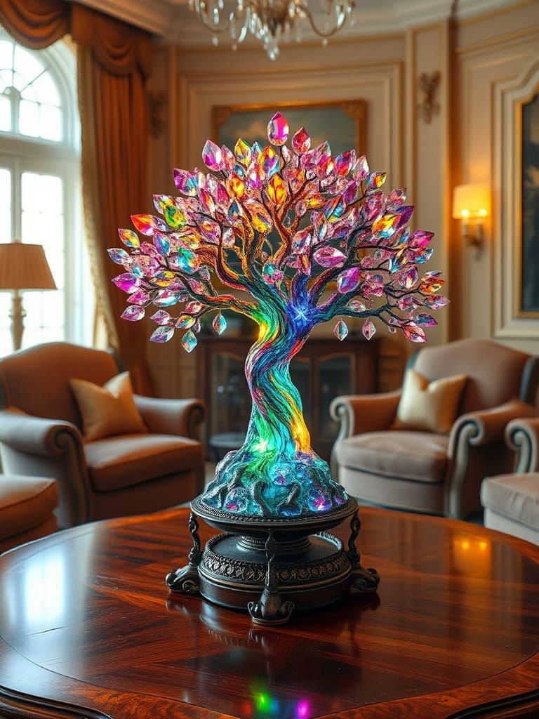 Prism Tree of Life Sculpture on Antique Table
