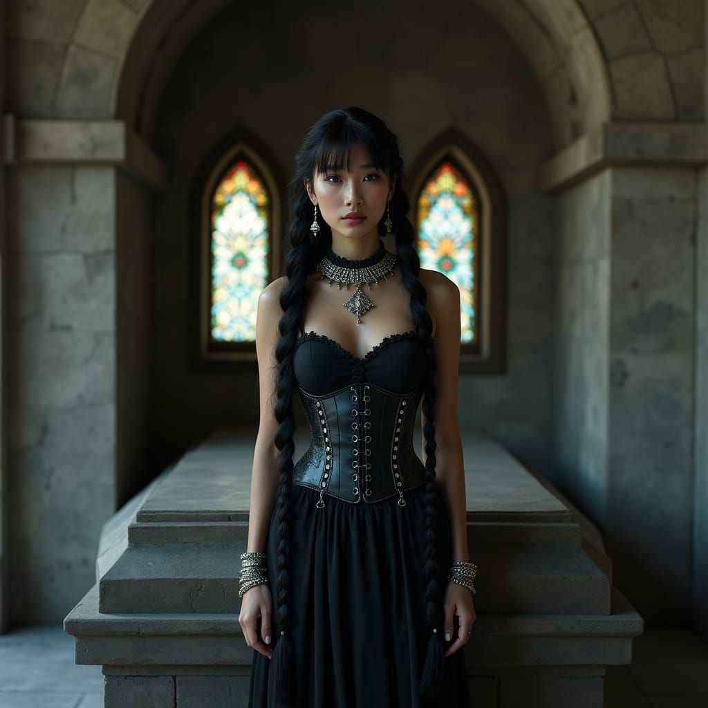 Gothic Woman in Mausoleum with Stained Glass