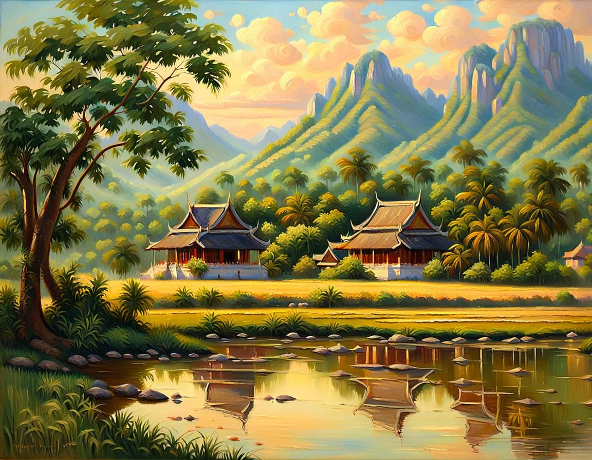 Thai Village: Impressionist Oil Painting