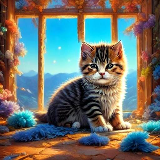 Cute Kitten in Anime Style, Cel-Shaded Art