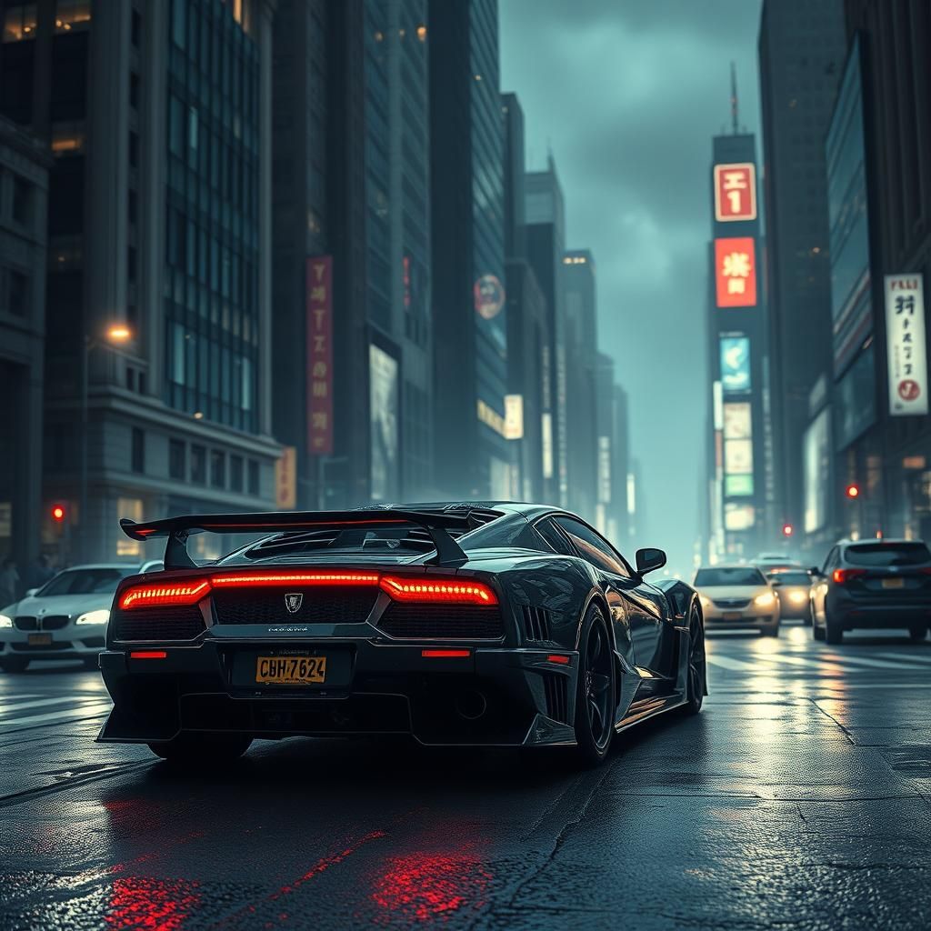 Futuristic Car on City Highway: Digital Matte Painting