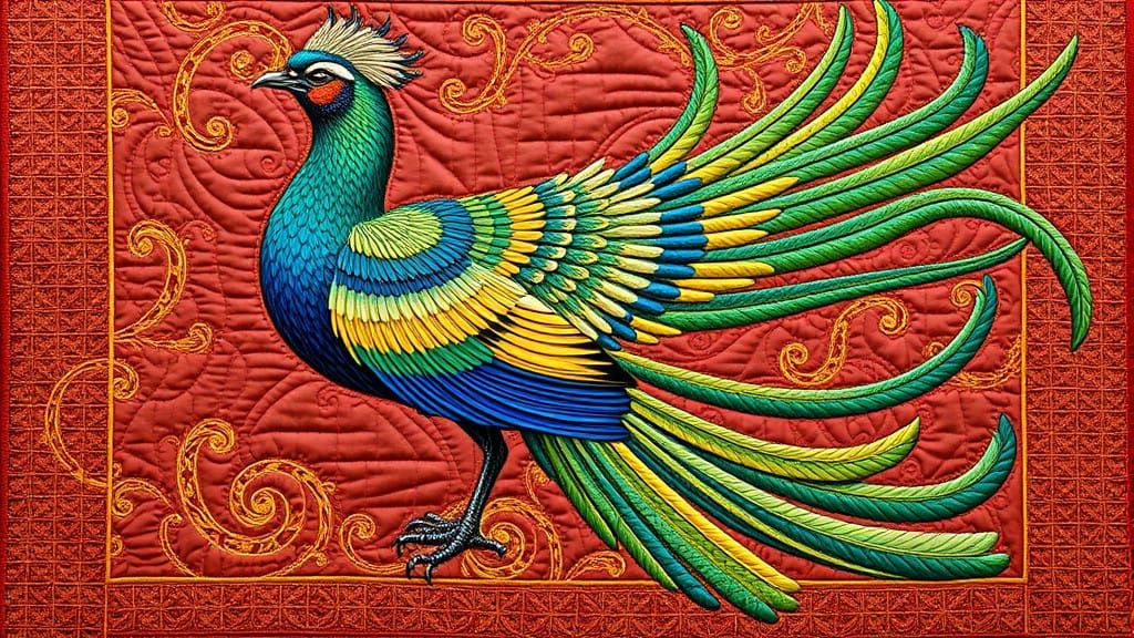 Vibrant Quilted Bird in Ancient Organic Style