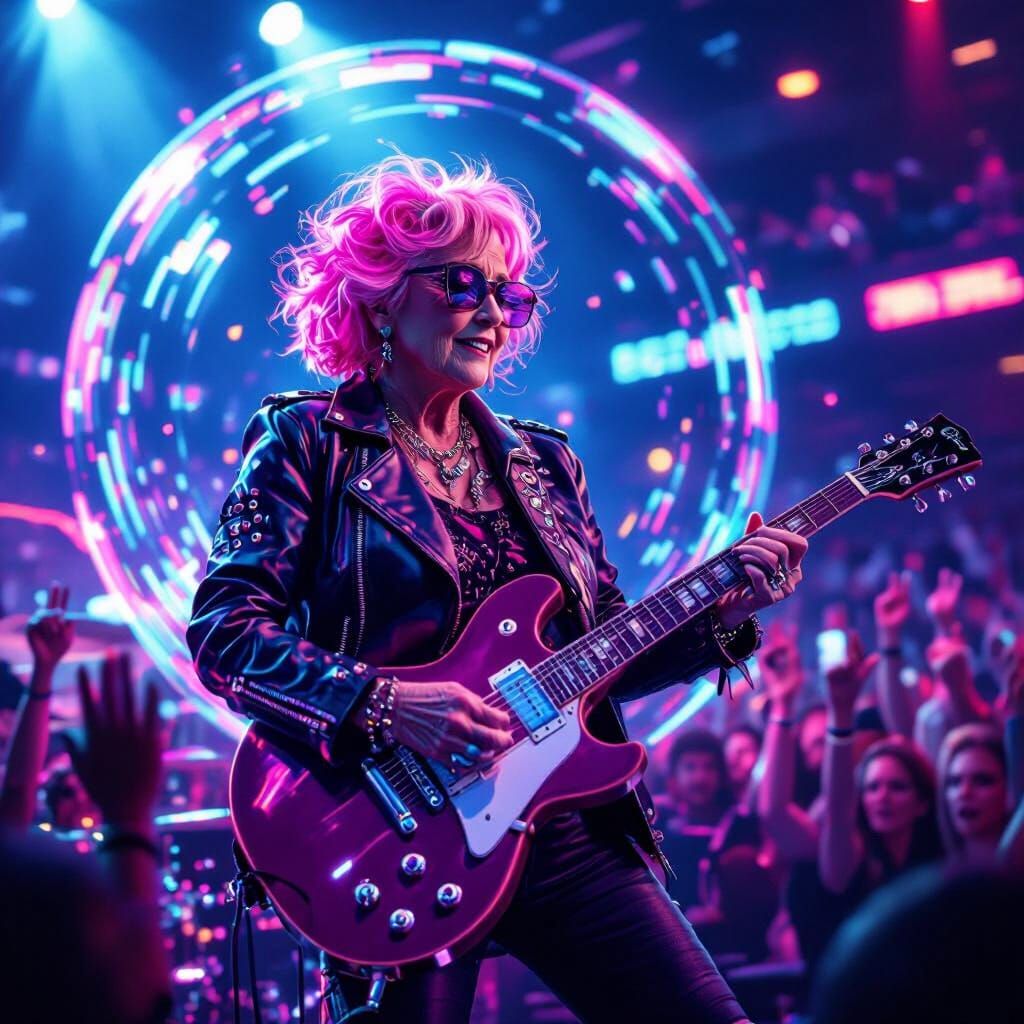 Elderly Woman Shreds Futuristic Guitar in Cyberpunk Concert