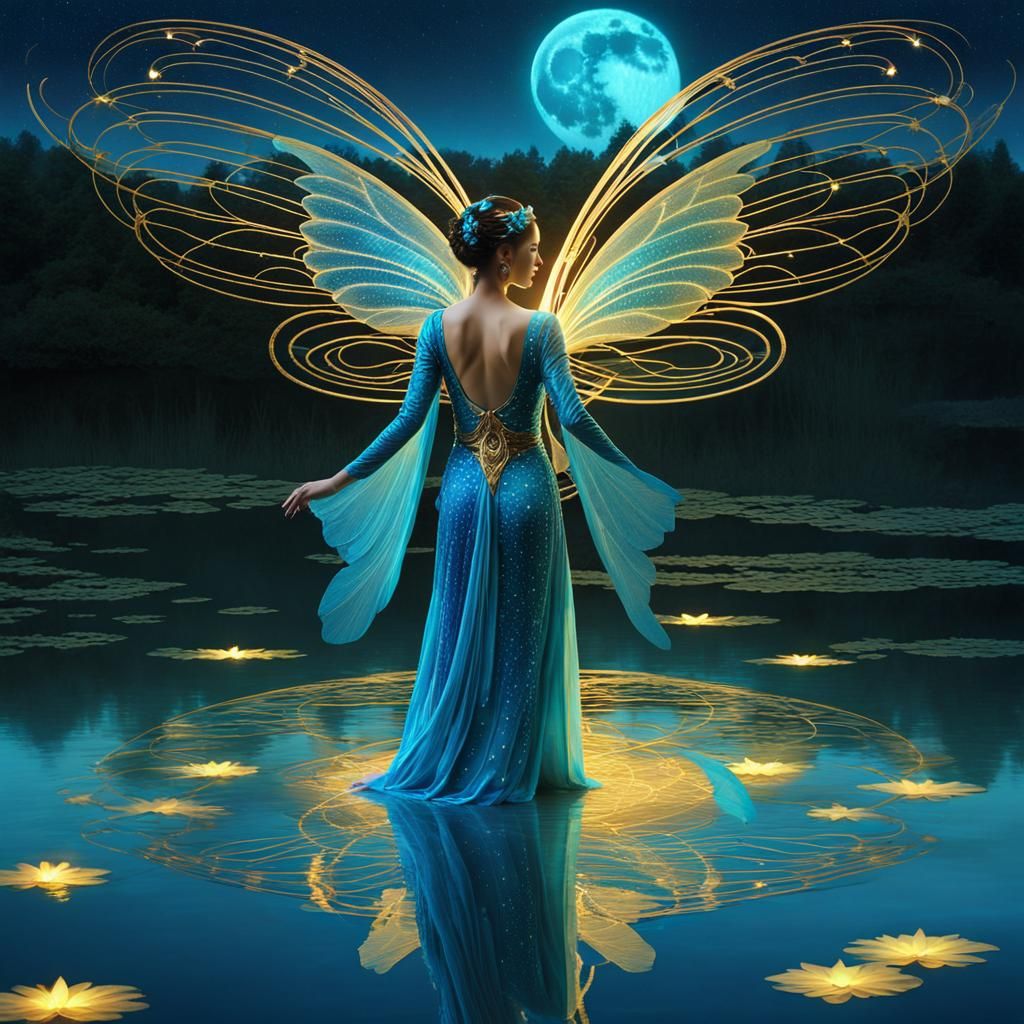 Luminescent Fairy in Bioluminescent Pond, Cosmic Illustratio...