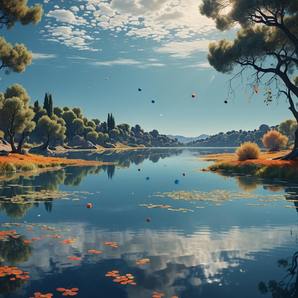 Serene Lake Reflecting Landscape in Abstract Style