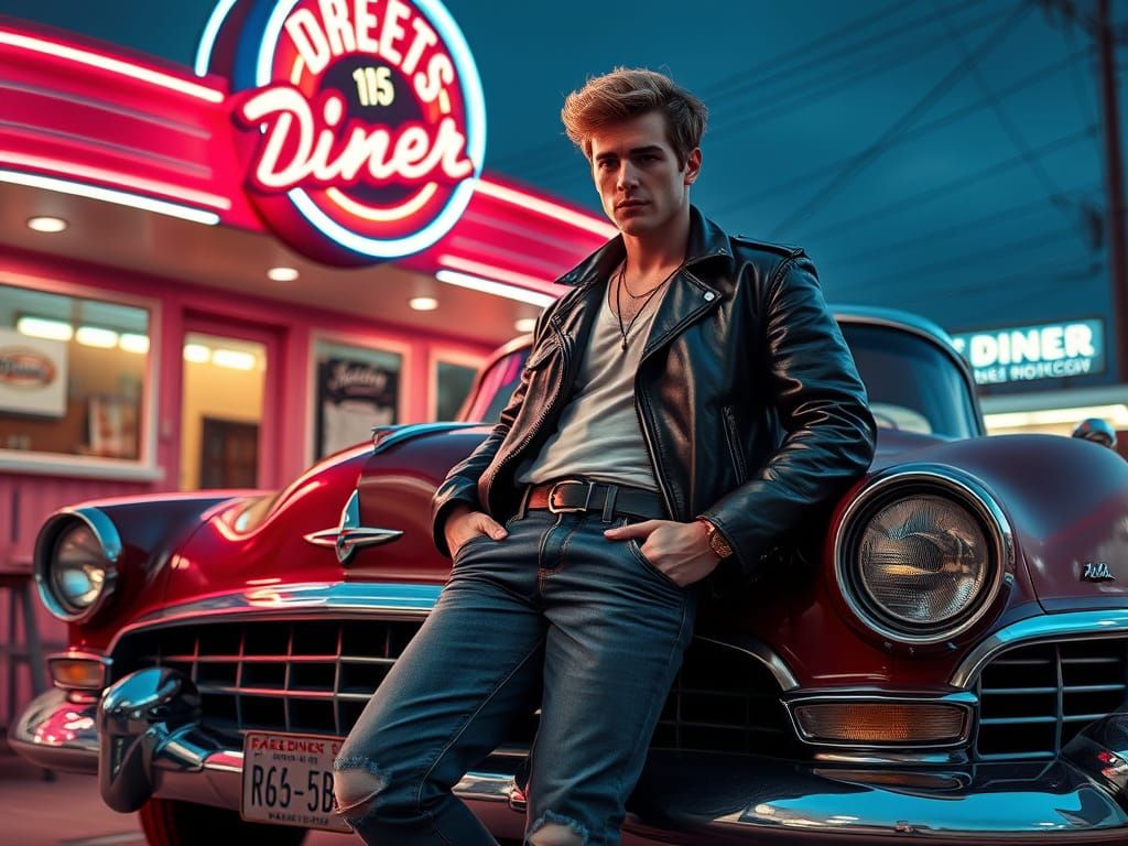 Greaser at a 1950s Diner in Photorealistic Americana Style