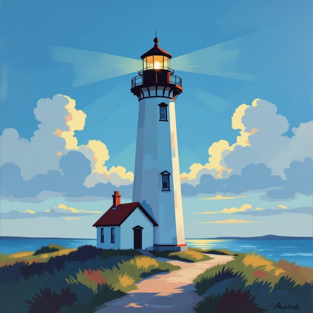 Lighthouse in Sunlight: An Impressionistic Realism Painting