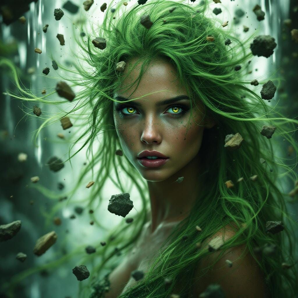 Earth Goddess with Glitch Effects and Waterfall Backdrop