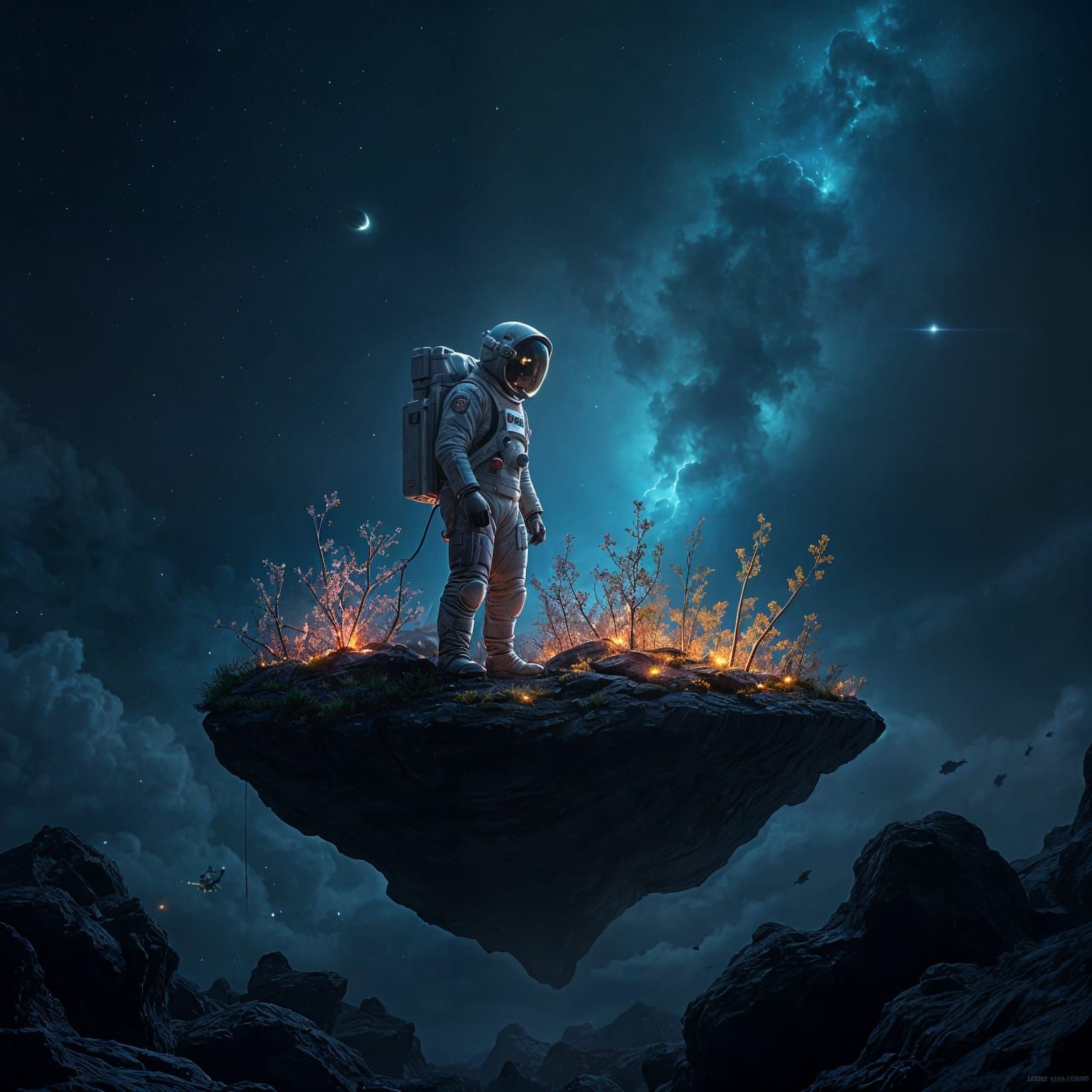 Astronaut Tends Bioluminescent Garden in Cosmic Void