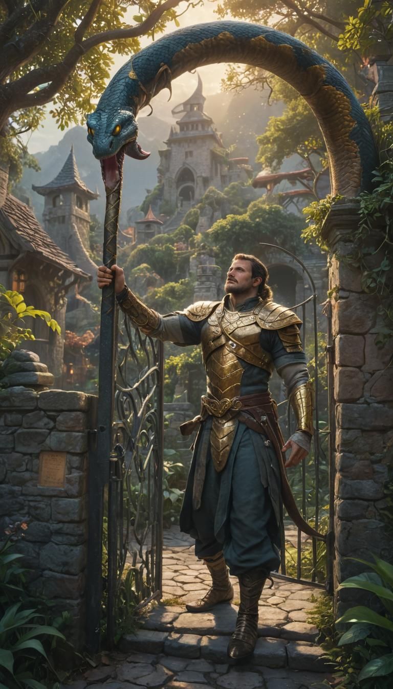 Humanoid Snake Warrior Patrolling Island Village