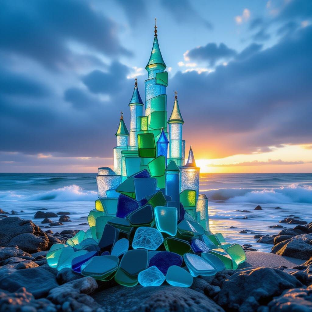 Emerald Cobalt Sea Glass Castle on Stormy Ocean