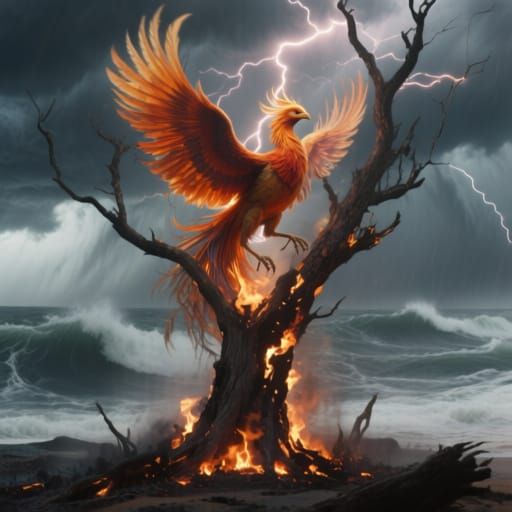 Phoenix Rises from Lightning-Struck Tree in Stormy Seas