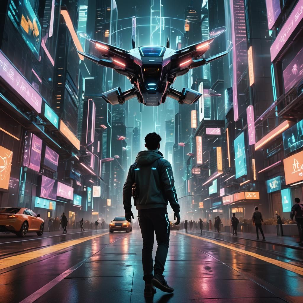 Futuristic Cityscape with Holographic AI Avatar