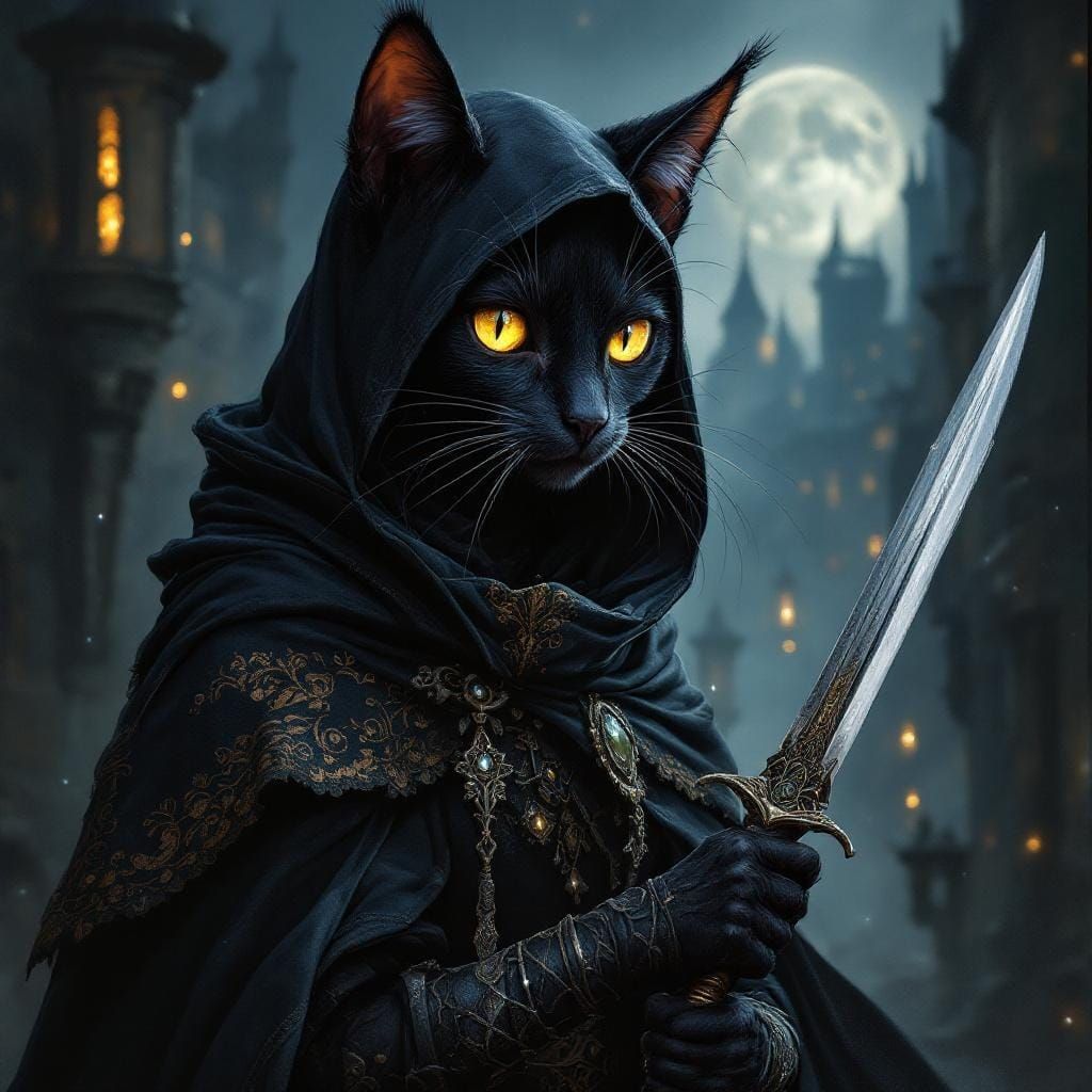 Tabaxi Thief in Medieval City, Oil Painting Style