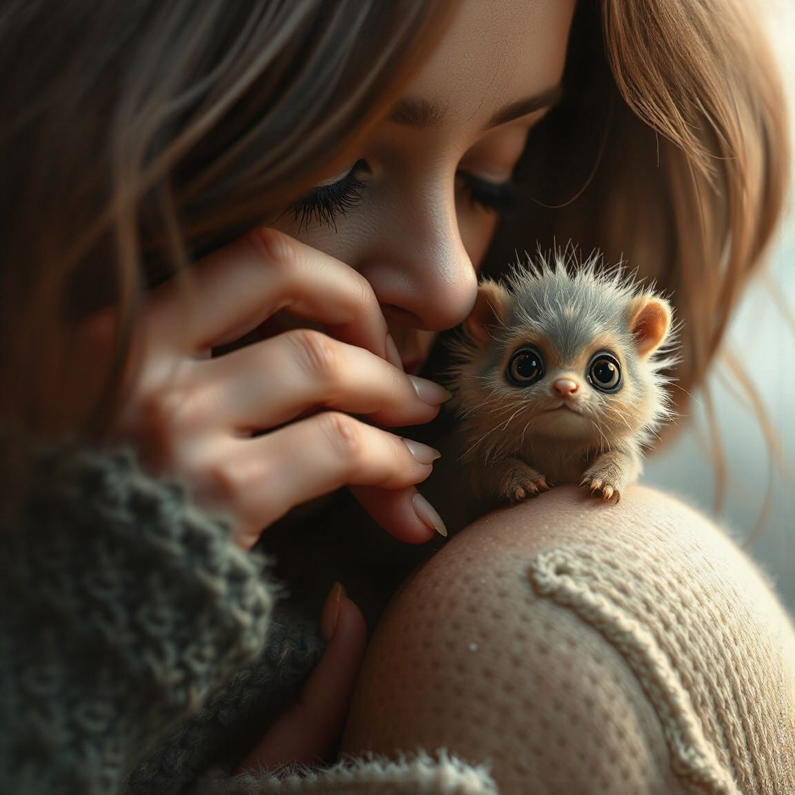 Woman and Fluffy Creature: Digital Art Portrait