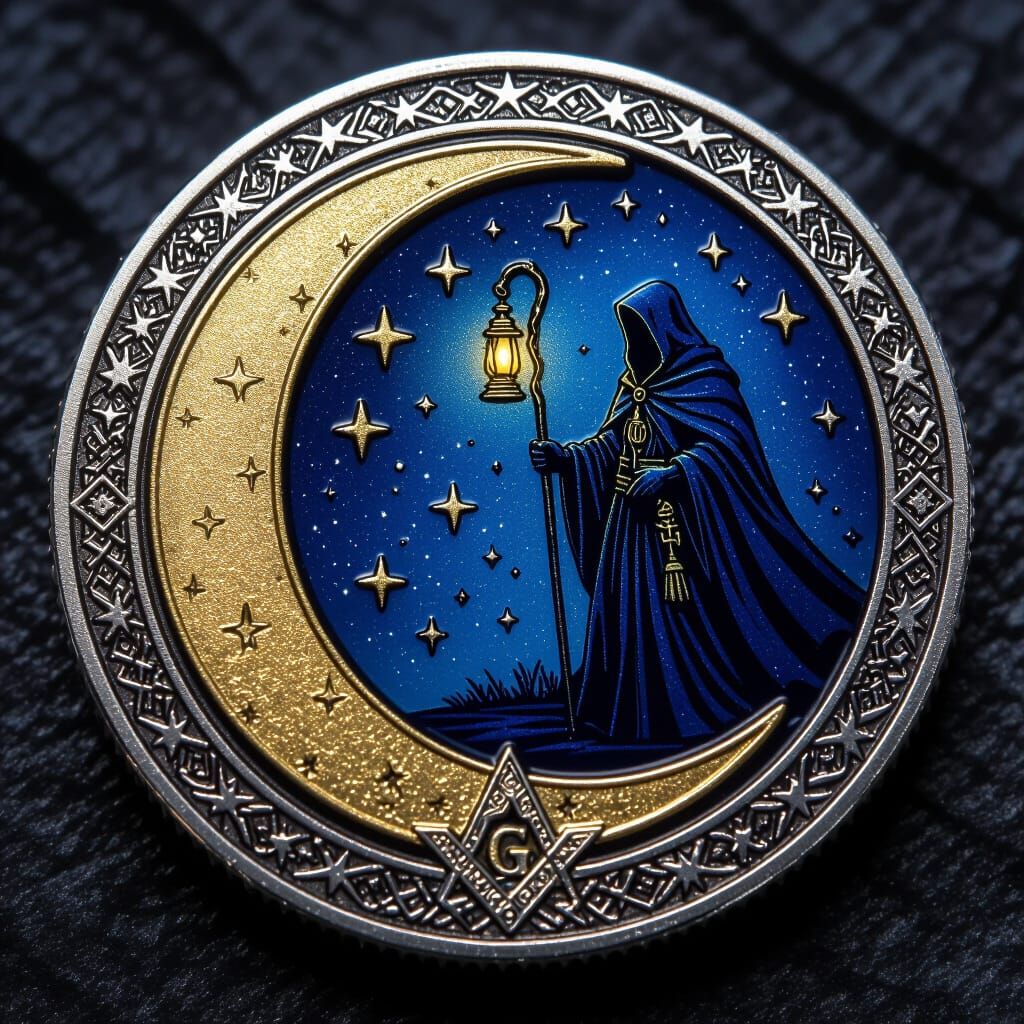 Mystic Mage Challenge Coin with Crescent Moon and Stars