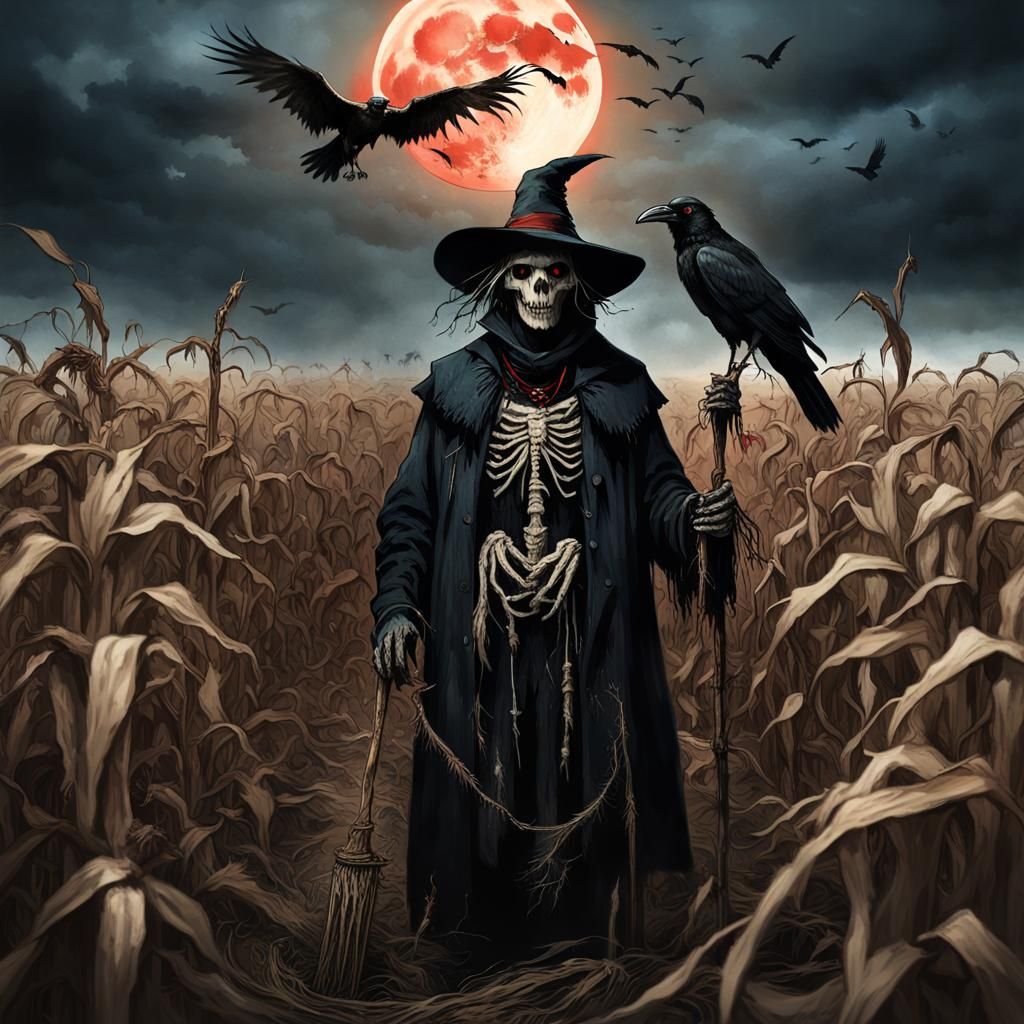 Demonic Scarecrow in Desolate Cornfield: Dark Fantasy Art