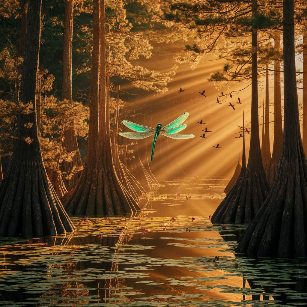 Sun-Drenched Swamp Serenity with Dragonfly and Swallows