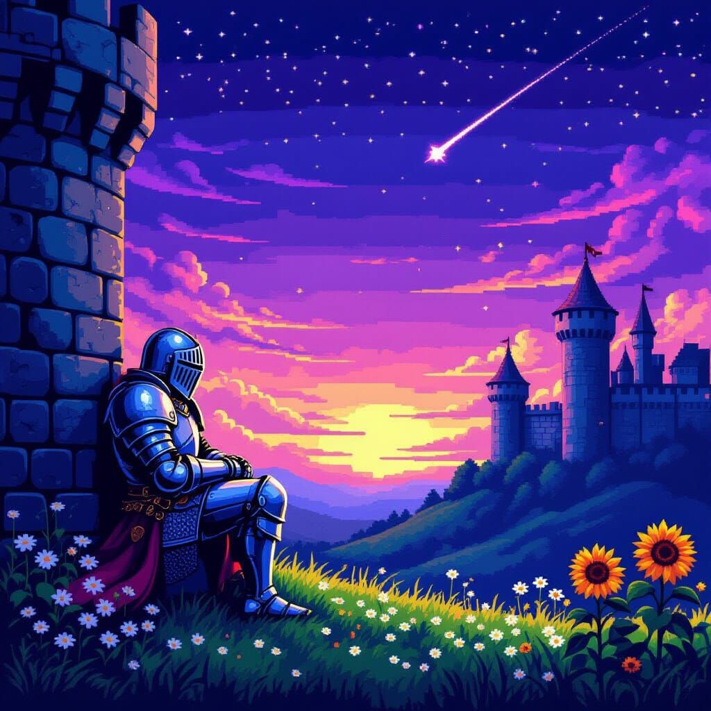 Silver Knight Watches Mystical Sky in Pixel Retro Style