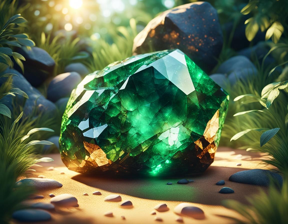 Glowing Emerald Boulder: Hyper-Realistic Digital Art