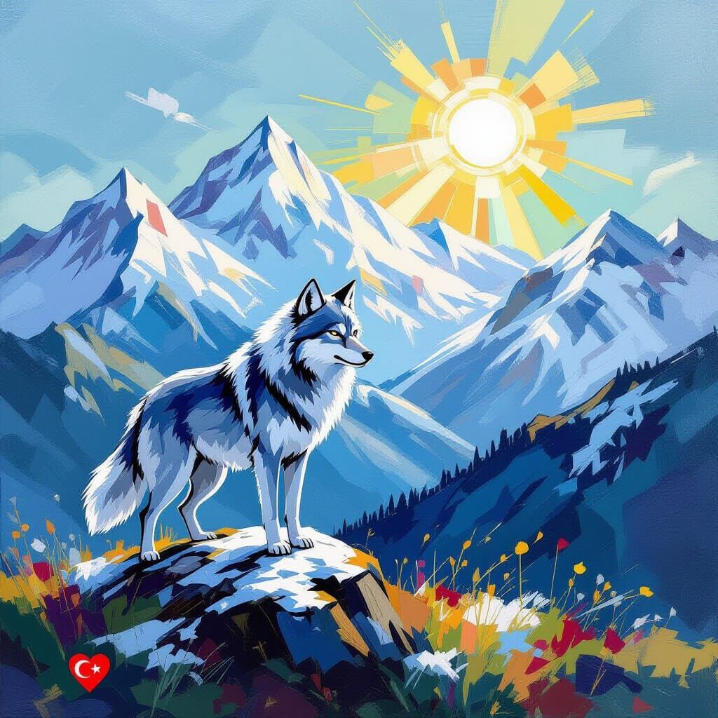 Japanese Wolf in Mountain Landscape, Van Gogh Style