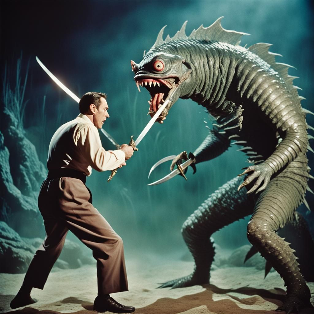 Man Battles Fish Monster in 1950s Film Still