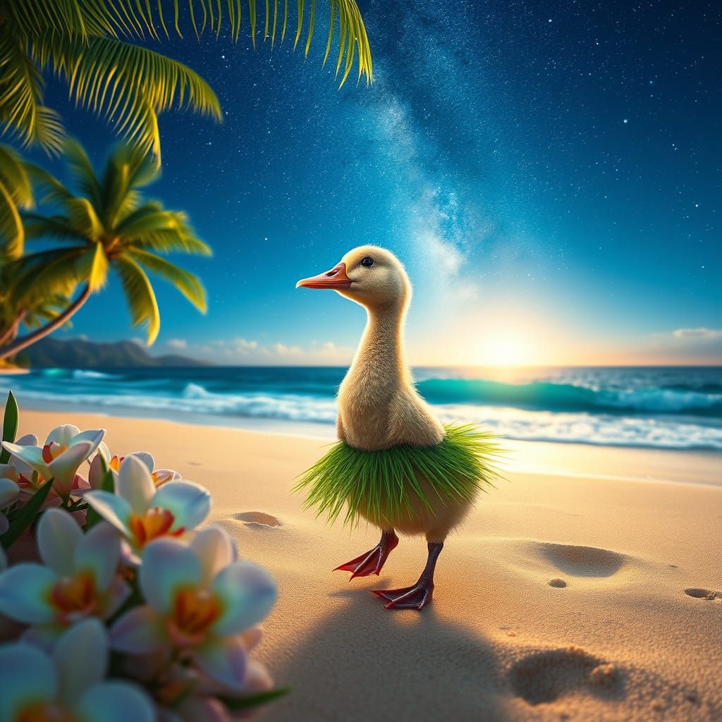 Dancing Duckling on Tropical Beach, Anime Style