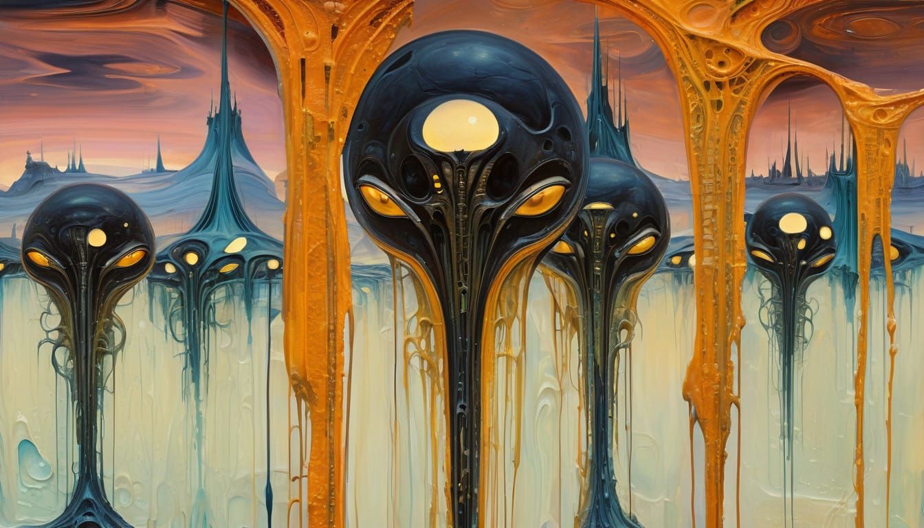 Surreal, Cyberpunk-Inspired Masterpiece with Melting Moon an...