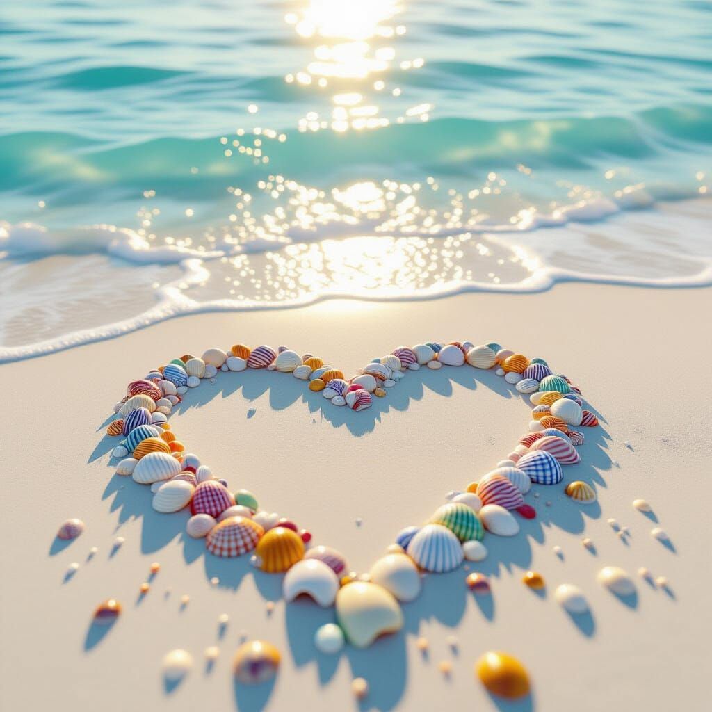 Seashell Heart on Turquoise Sea at Golden Hour