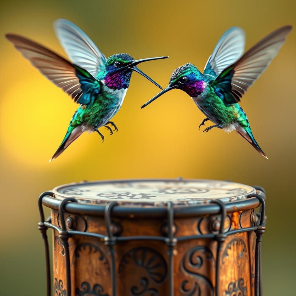 Emerald Hummingbirds Dance Above Vintage Drum