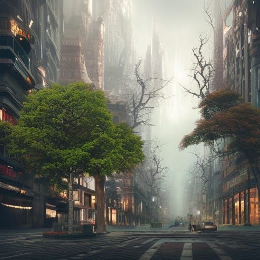 Tree Growing in Busy City: Digital Matte Painting