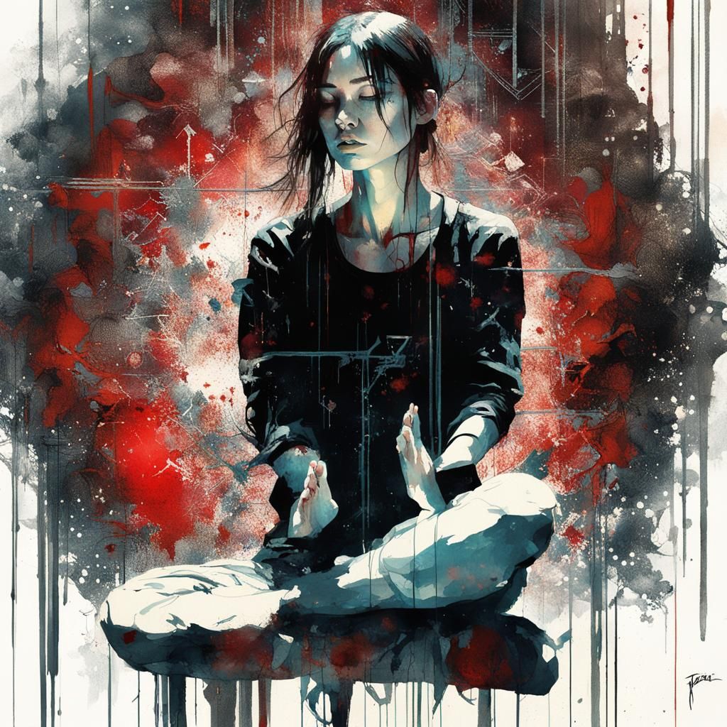 Meditating Girl in Electric Rain: Stylized Watercolor Art