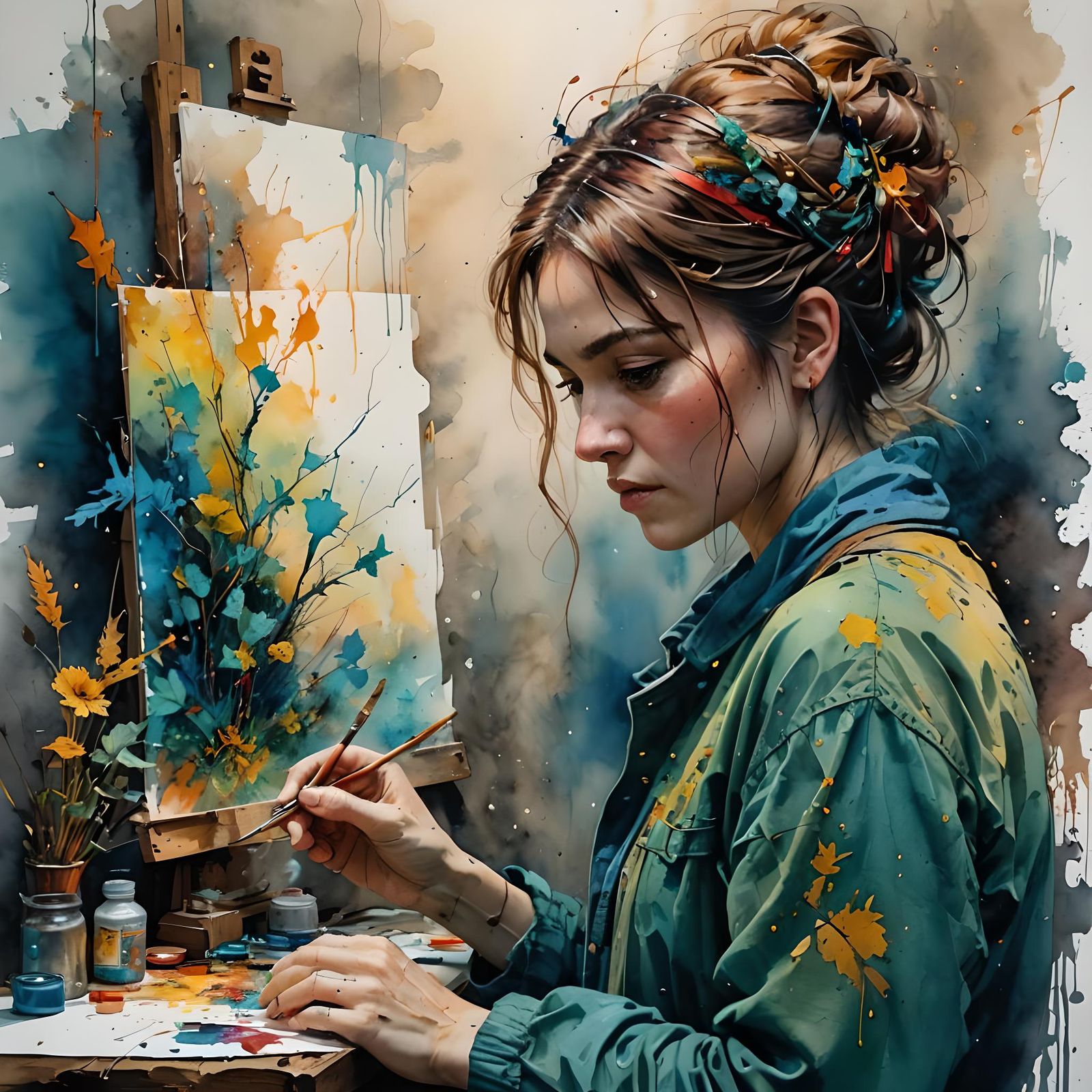 Colorful Artist Painting: Watercolor and Ink Illustration