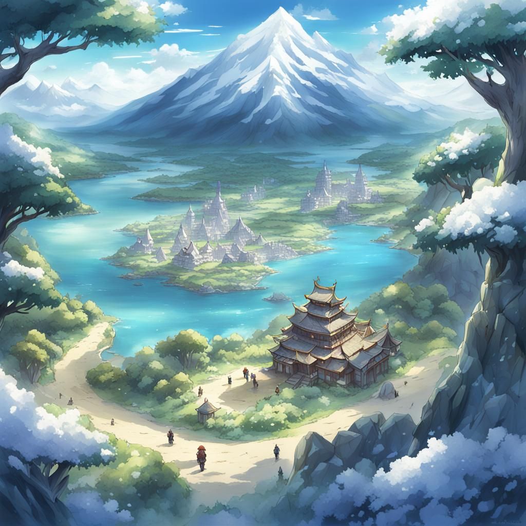 Fantasy Island with Snowy Mountains in Anime Style