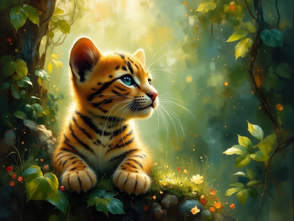 Cute Baby Jaguar with Butterfly in Amazon Jungle