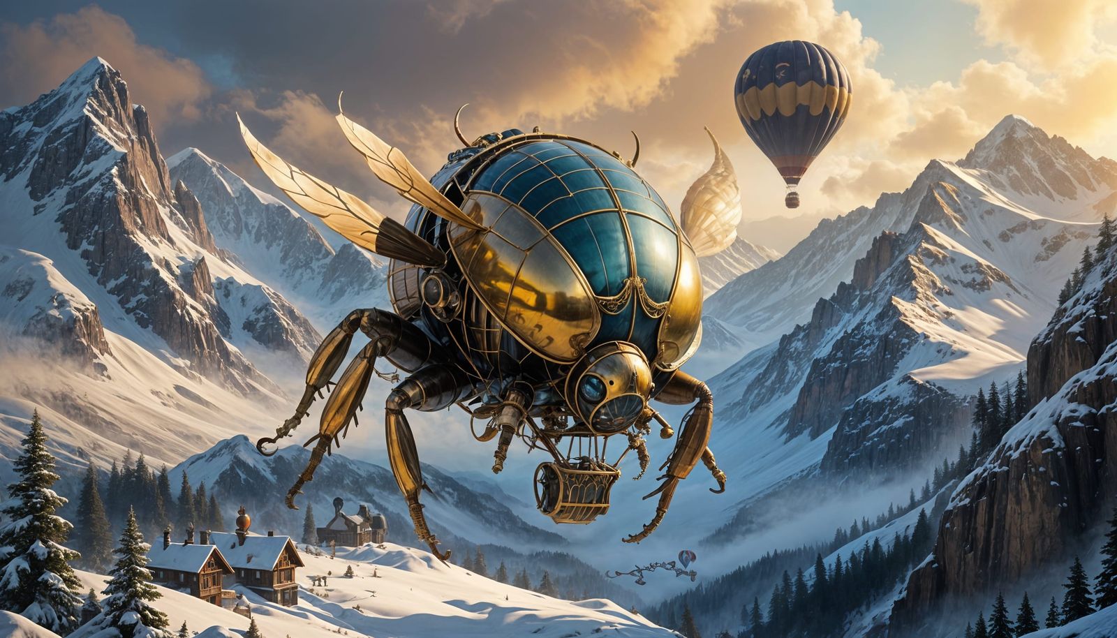Steampunk Beetle Balloon Soaring Through Bioluminescent Skie...