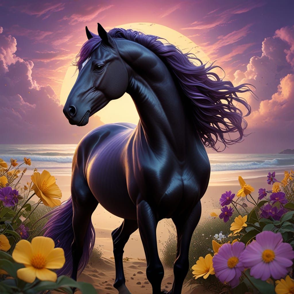 Dark Fantasy Stallion in Sunset Glory