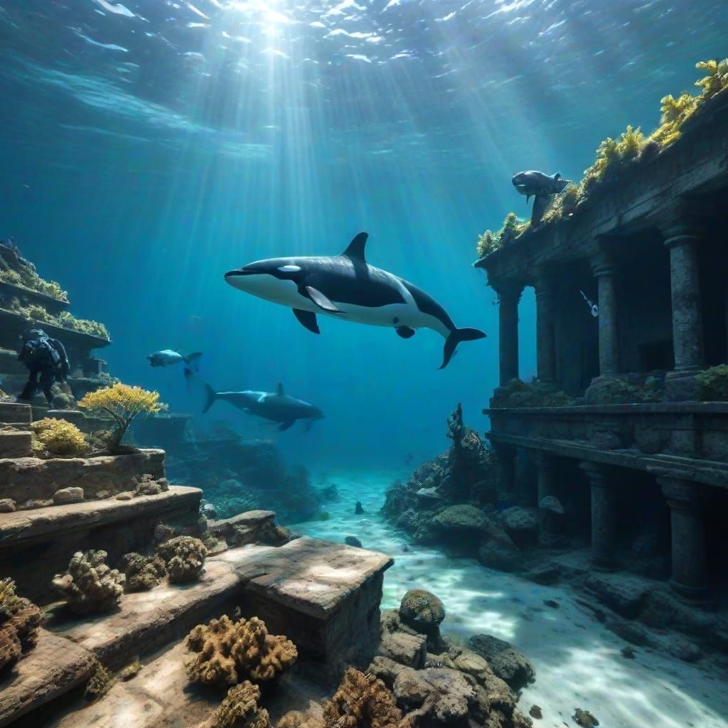 Killer Whales Swim Through Sunken Ruins