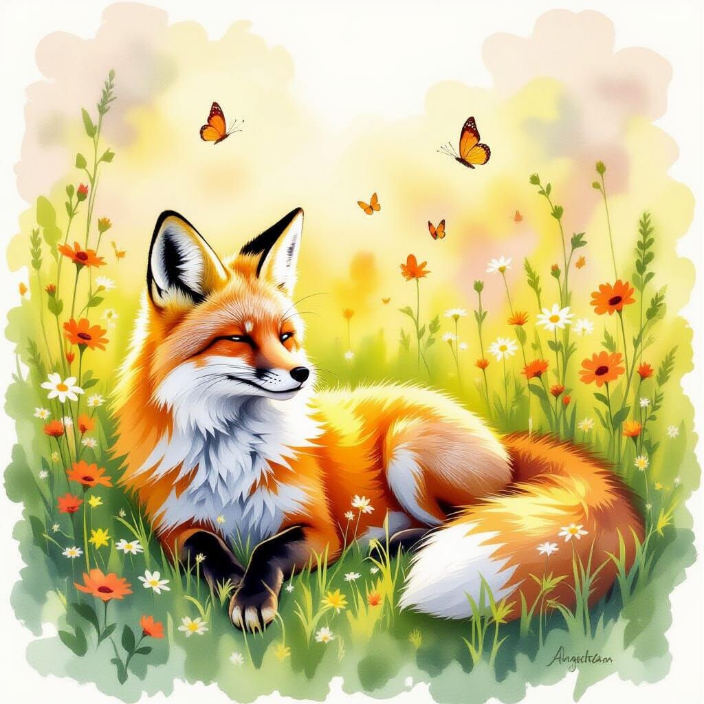 Fox Lounging in Neon Meadow: Watercolor Painting